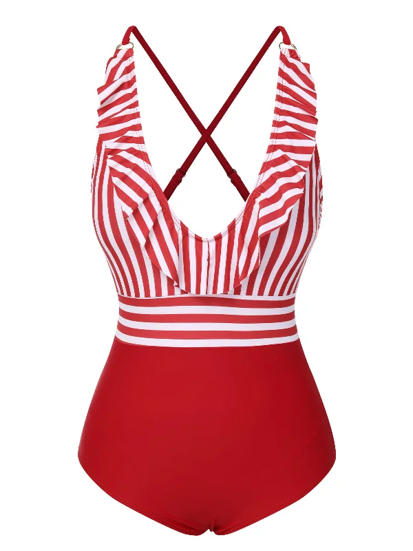 1950s Color Contrast Striped Ruffle Swimsuit Swim Skirt Set