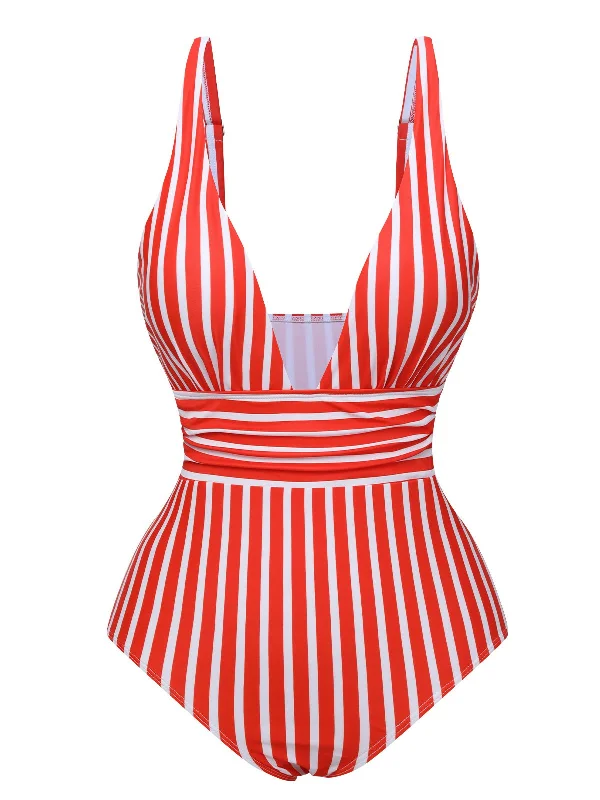 1950s Stripes Spaghetti Strap One-Piece Swimsuit Strapless Swimsuit Top