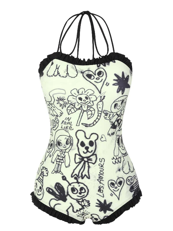 1960s Halter Printed Ruffles One-Piece Swimsuit Vibrant Bikini Bottoms