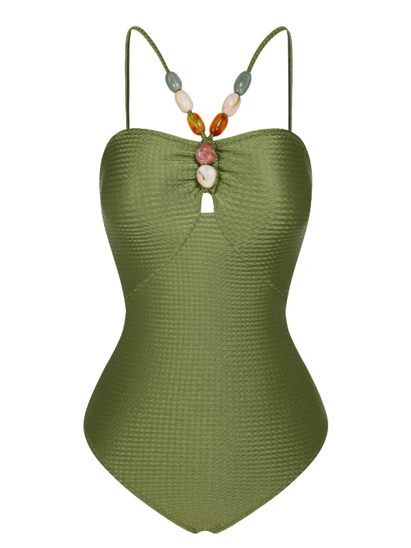 1960s Solid Textured Bandeau Halter Swimsuit Quick-Dry Tankini