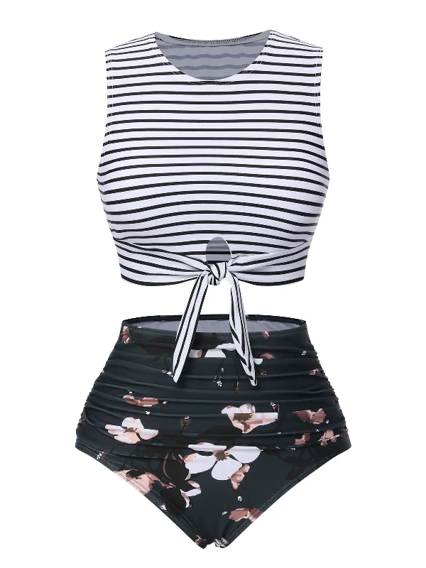 1970s Striped Waist Tie Floral Tankini Set Plunge Neckline Swimsuit