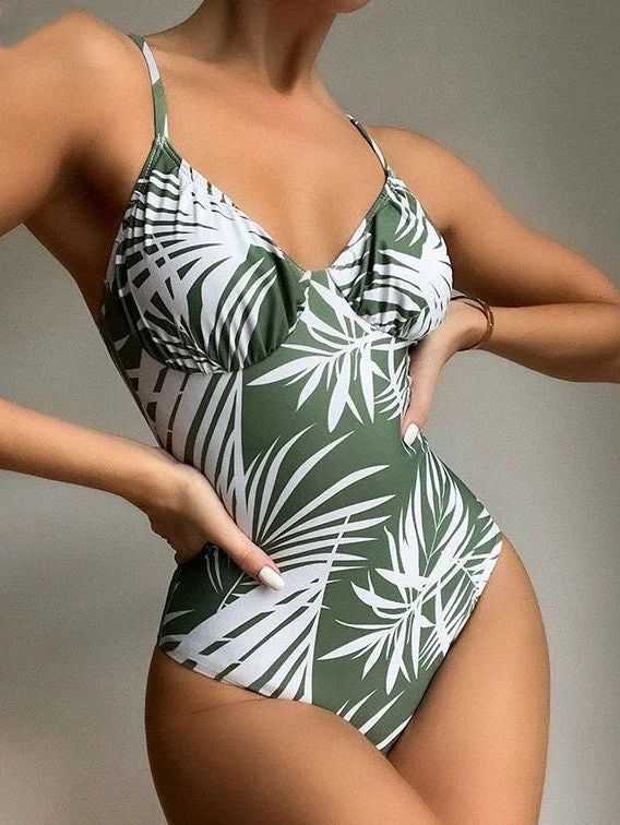 2022 New One Piece Swimsuits Palm Print Swimwear Women Ruched Bodysuit Luxury Swimsuit Style