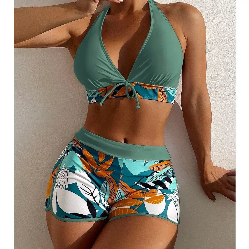 2024 Women's Split High Waist Flat Angle Lace-up Print Solid Color Patchwork Swimsuit Strap Bikini Set