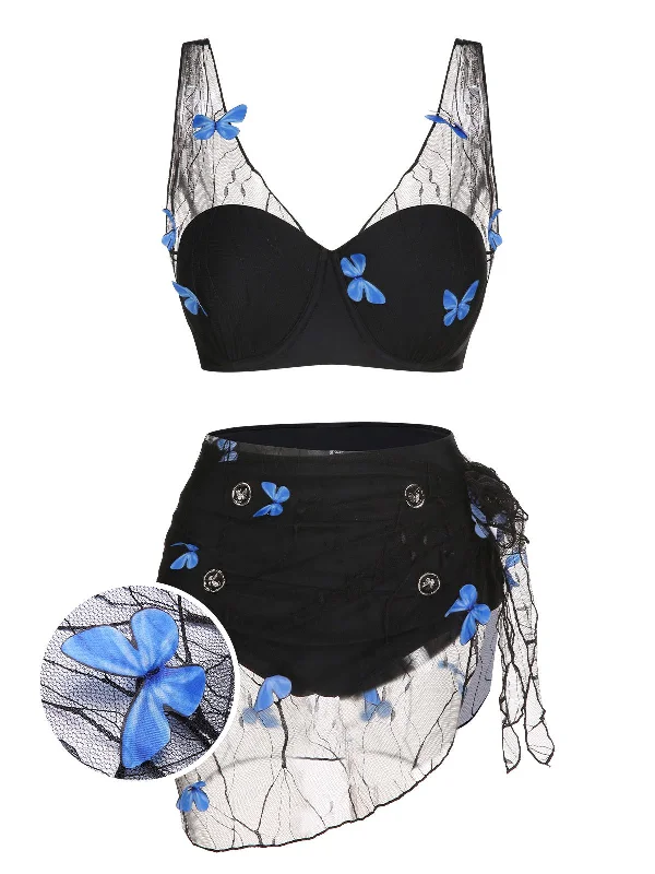 2PCS Black 1960s 3D Butterfly Mesh Swimsuit & Cover-Up Tropical Print Bikini