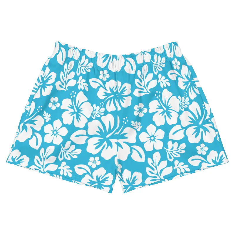 Aqua Blue and White Hawaiian Flowers Women's Athletic Swim Shorts Adjustable Strap Swimsuit