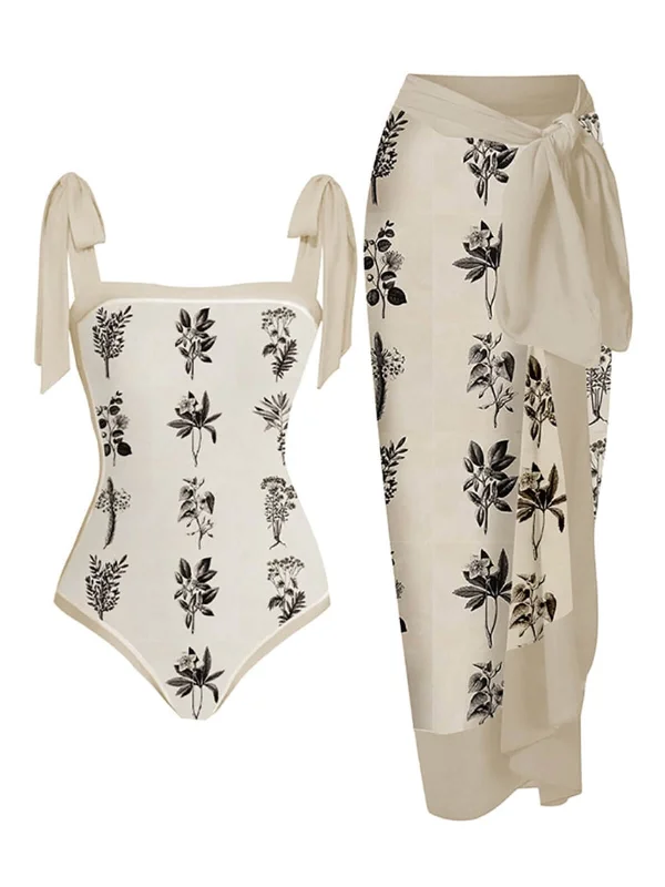 Beige 1950s Ink Floral One-piece Swimsuit & Cover-up Vibrant Bikini Design