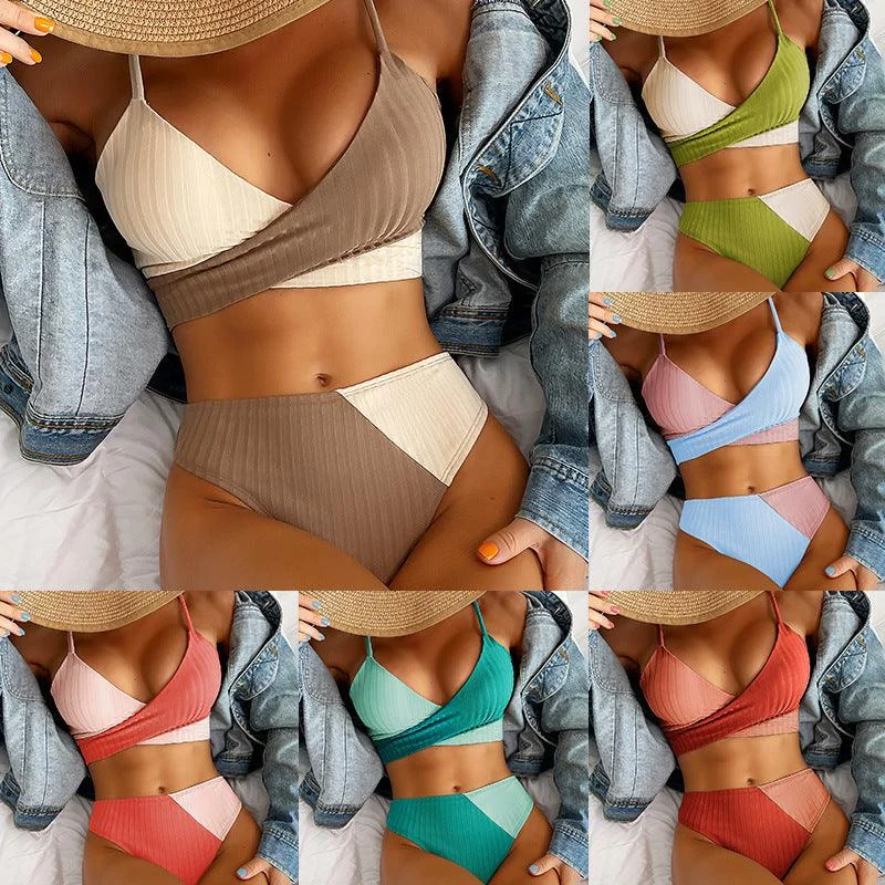 Bikini Patchwork Swimwear Ribbed Women's Swimsuit Knot Back Beachwear Ruched Butt Biquinis Bathing Suits Sporty Swimsuit Style