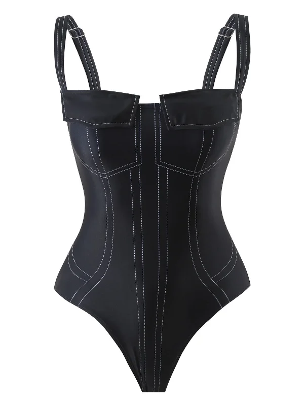 Black 1940s Gothic Straps One-Piece Swimsuit Strappy Back Bikini