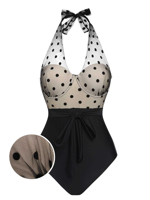 Black 1950s Halter Polka Dots Mesh Swimsuit Strapless Swimsuit Top