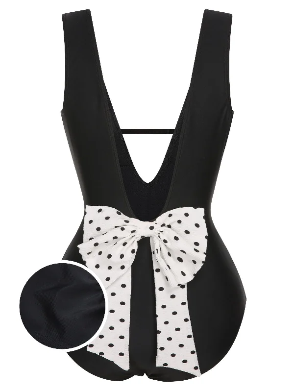 Black 1950s Polka Dot V-Neck Bow Swimsuit Elegant Swimsuit Bottoms