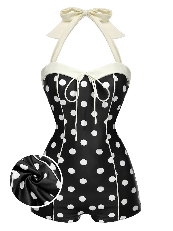 Black 1950s Polka Dots Halter Swimsuit Mesh Swimsuit Top