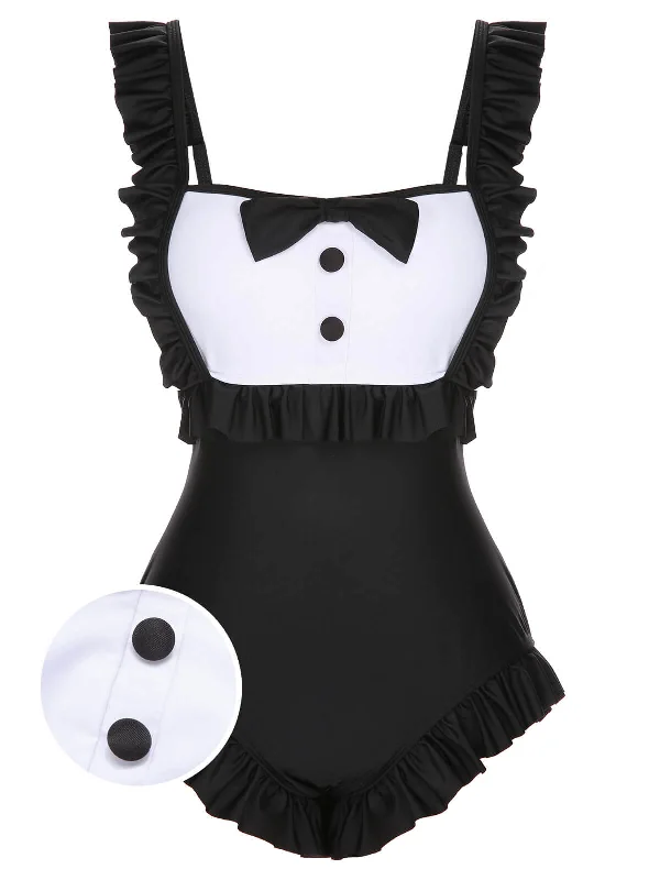 Black 1960s Tuxedo Ruffle Strap Swimsuit Elegant Swimsuit Bottoms