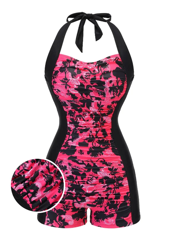 Black & Pink 1950s Floral Halter Swimsuit Lace Back Bikini