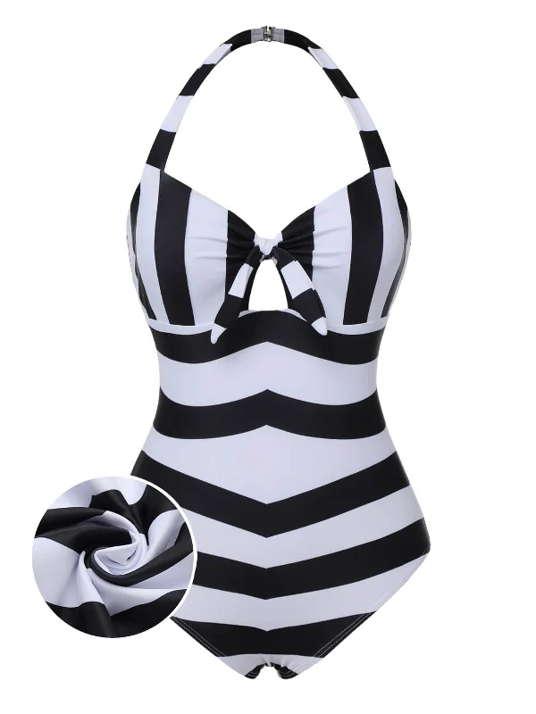 Black & White 1950s Barbie Stripes Halter Swimsuit Elegant Swimsuit Bottoms