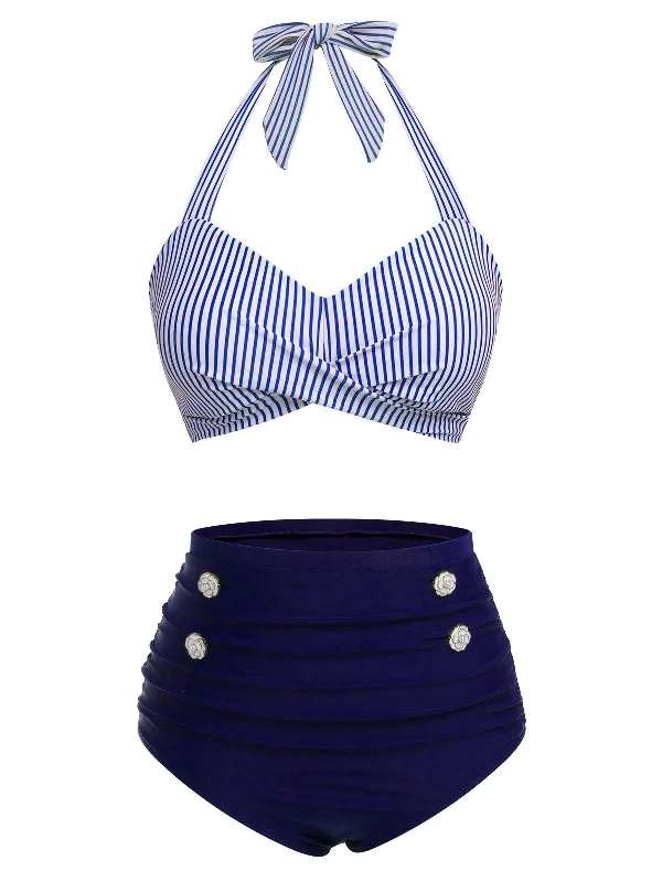 Blue 1940s Striped Halter Swimsuit Set Beach Ready Swimsuit