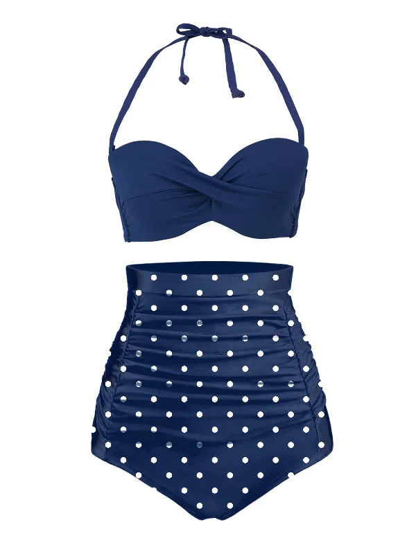 Blue 1950s Halter Polka Dots Swimsuit Chic Beach Cover-Up