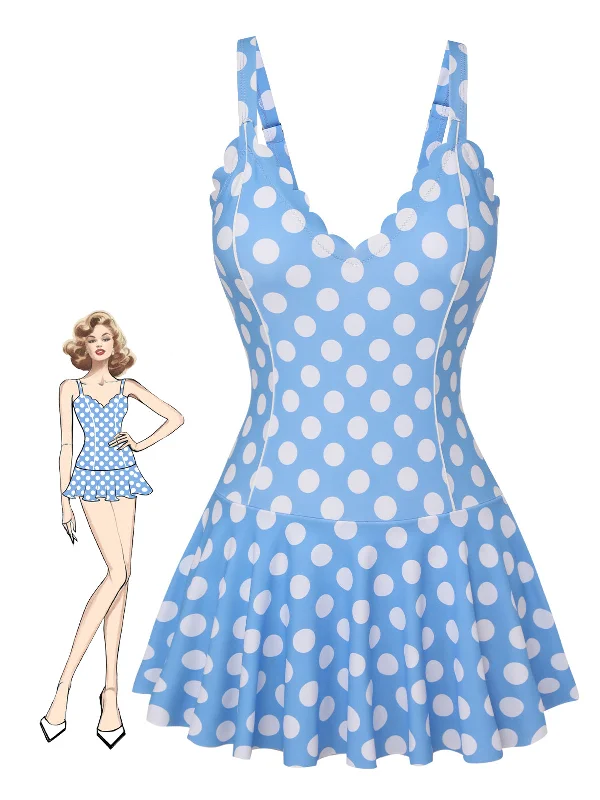 Blue 1960s Polka Dot Petal Neck Swimsuit High-Waisted Swim Bottoms