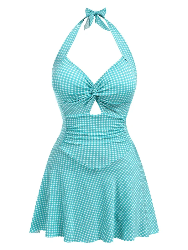 Blue Green 1930s Plaid Halter One-Piece Swimsuit Soft Beachwear Set
