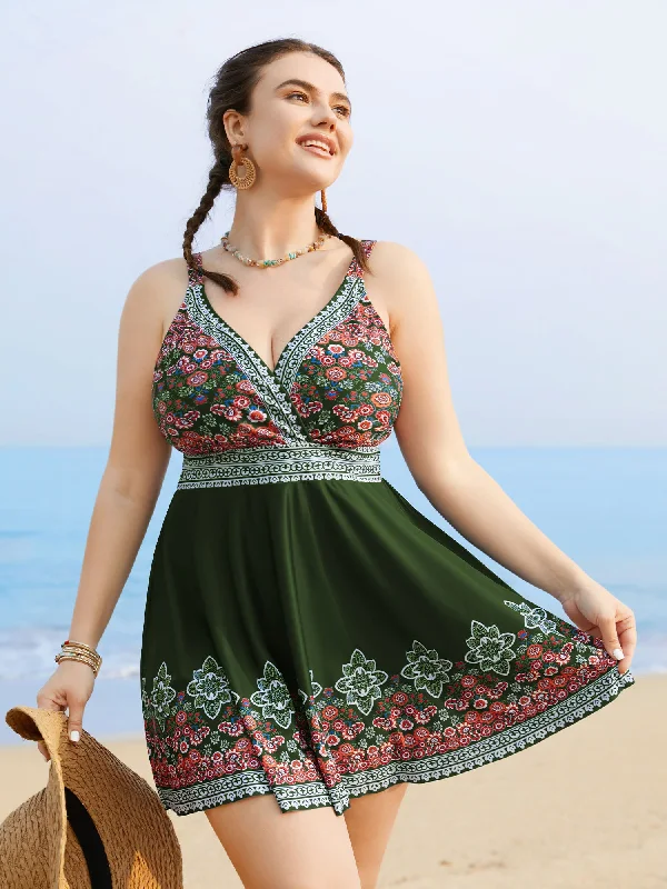 Boho Print Gathered Overlap Collar Swim Dress Classic Sporty Swimsuit