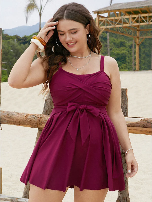 Bowknot Crossover Pleated Detail Swim Dress Elegant Ruffled Bikini