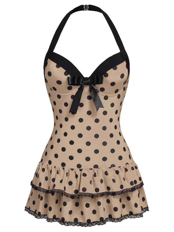 Brown 1940s Halter Polka Dots Bow Swimsuit Mesh Swimsuit Top