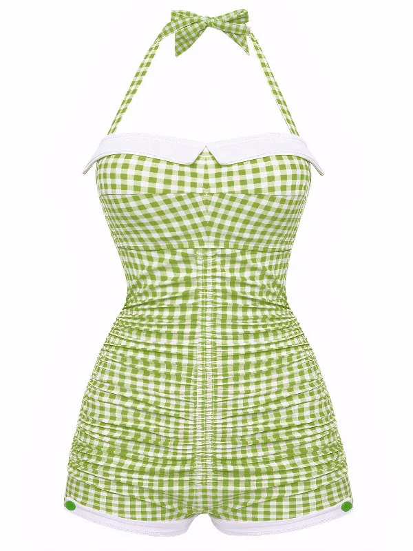 Gingham 1950s Halter Bowknot One-piece Swimsuit Classic Monokini Design