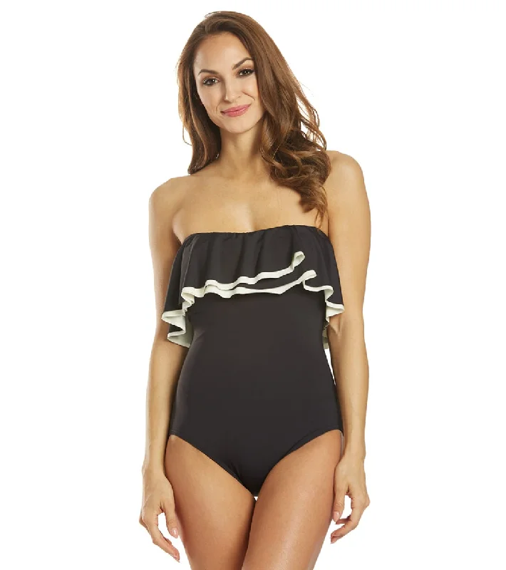 Coco Reef Contours Keepsake Agate Ruffle Bandeau One Piece Swimsuit (C/D Cup) Black Sporty Swimwear Bottoms