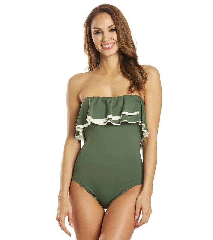 Coco Reef Contours Keepsake Agate Ruffle Bandeau One Piece Swimsuit (C/D Cup) Olive Vibrant Bikini Bottoms