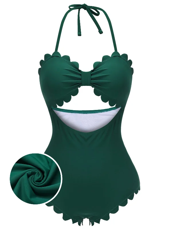 Dark Green 1940s Solid Halter One-piece Swimsuit Quick-Dry Tankini