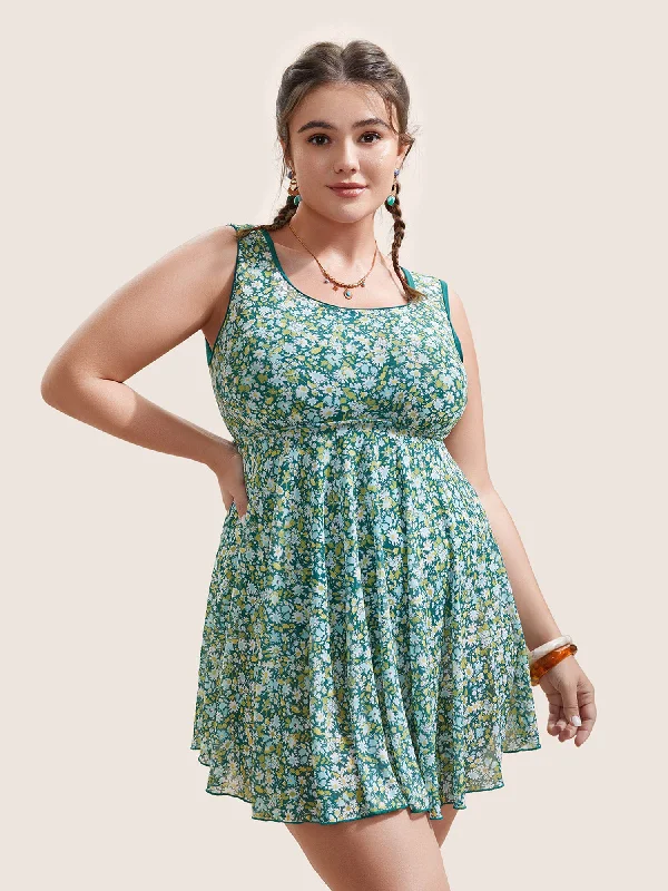 Ditsy Floral Round Neck Cut Out Swim Dress Retro-Inspired Bikini Set