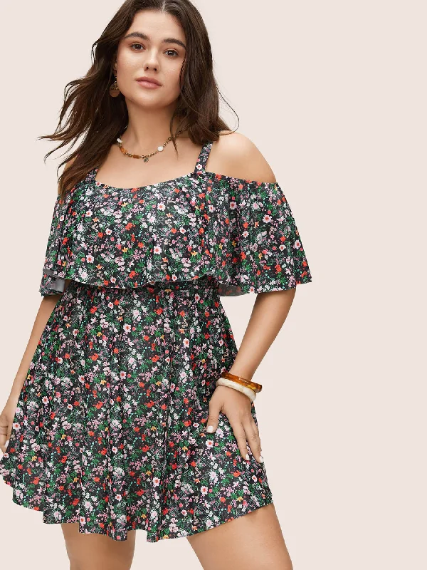 Ditsy Floral Ruffles Cold Shoulder Swim Dress Lace Back Bikini