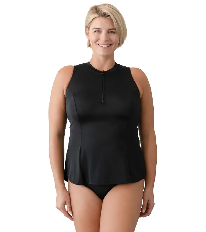 Fit4U Women's Plus Size Solid Zip Sleeveless Swim Shirt Black Sporty Racerback Swimsuit