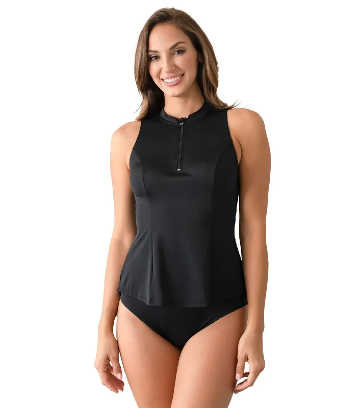 Fit4U Women's Solids Zip Sleeveless Swim Shirt High-Cut One-Piece