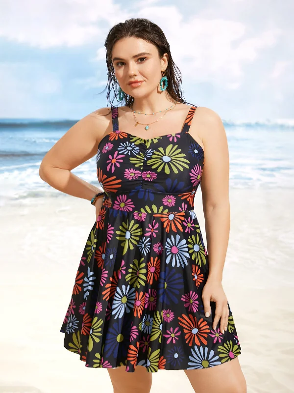 Floral Heart Neckline Ruched Swim Dress High-Waist Bikini Set