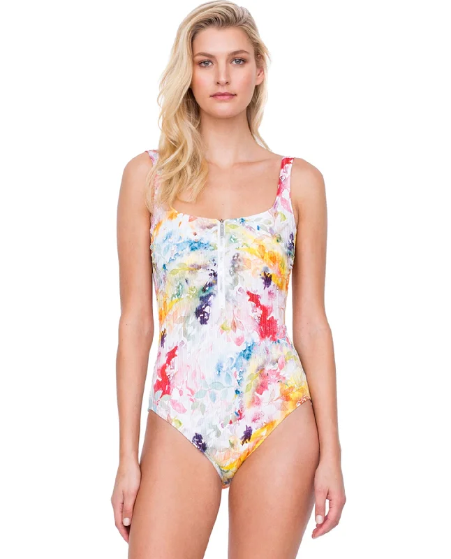 Gottex Aquarelle Green Zip Front Square Neck One Piece Swimsuit Elegant Ruffle Swimsuit Gottex Aquarelle Green Zip Front Square Neck One Piece Swimsuit Elegant Ruffle Swimsuit