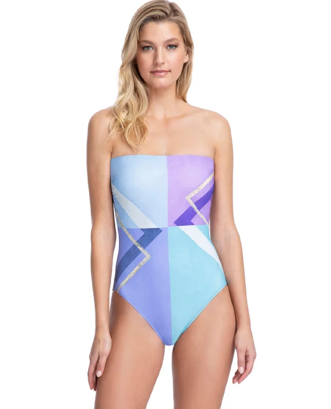 Gottex Collection Modern Art Blue Bandeau Strapless One Piece Swimsuit Strappy Back Bikini