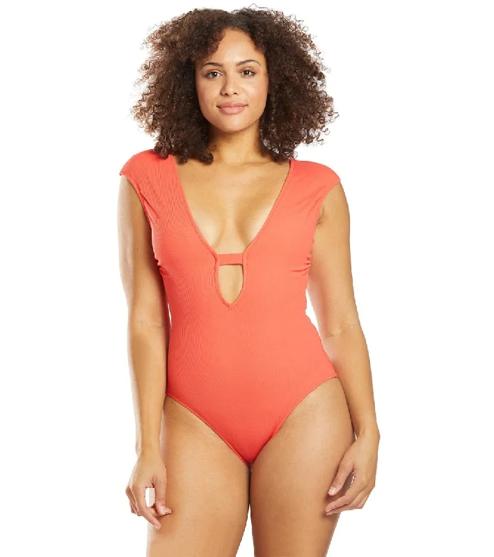 Gottex Elle Plunge Cap Sleeve One Piece Swimsuit Coral Ruched Swimwear Set