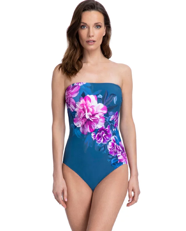 Gottex Essentials Fiji Navy And Pink Bandeau Strapless One Piece Swimsuit V-Neck Swim Dress