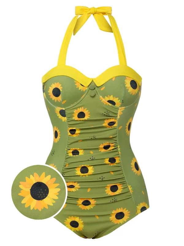 Green 1930s Sunflowers Halter Swimsuit Modern High-Waisted Swimsuit