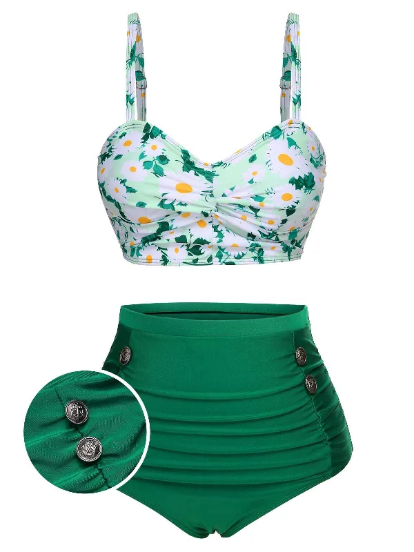 Green 1950s Daisy Strap Pleated Swimsuit Elegant Swim Dress