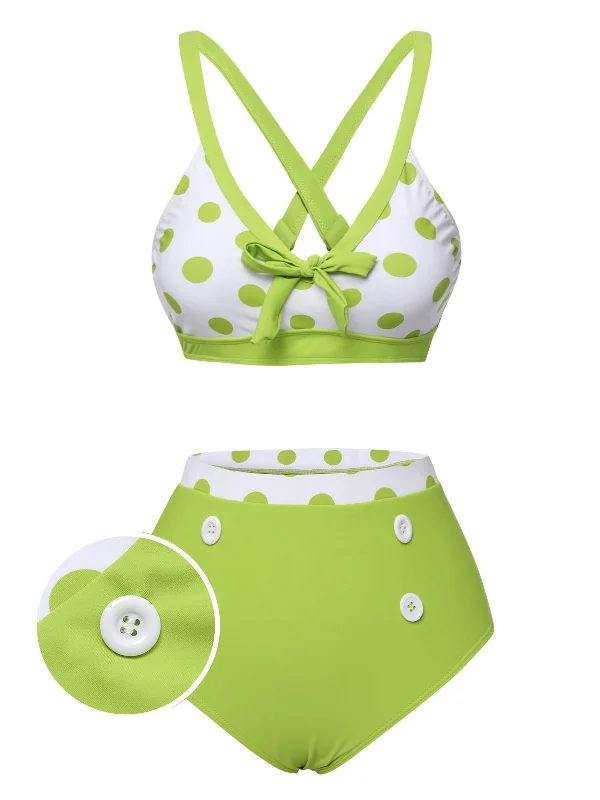 Green 1950s Polka Dot V-Neck Swimsuit Sporty Swimsuit Style