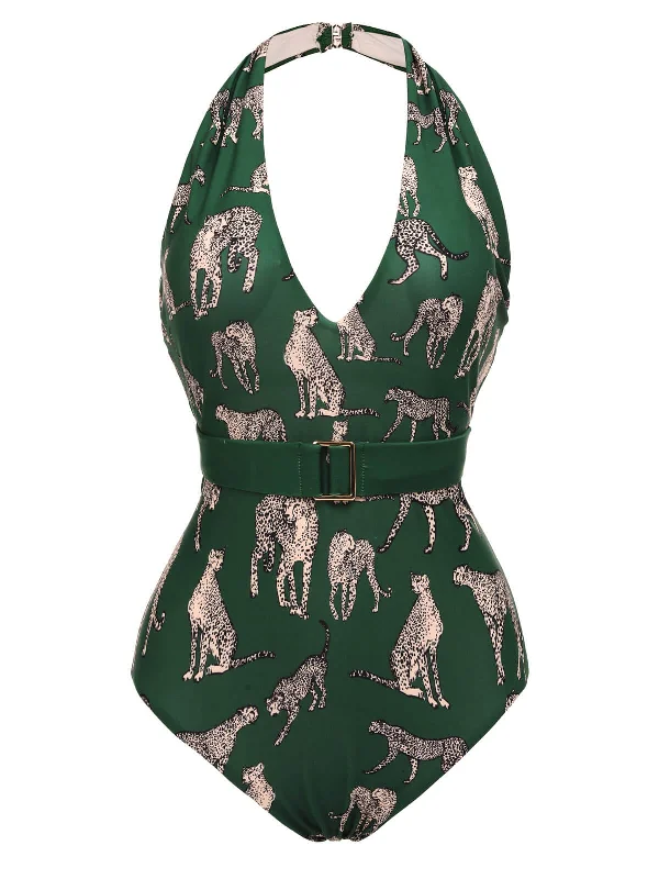 Green 1930s Jaguar Vintage Halter One-piece Swimsuit Stylish Swimsuit Set