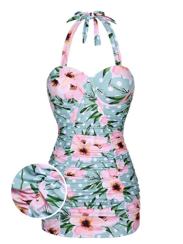 Green & Pink 1930s Floral Polka Dot Halter Swimsuit Tropical Print Bikini