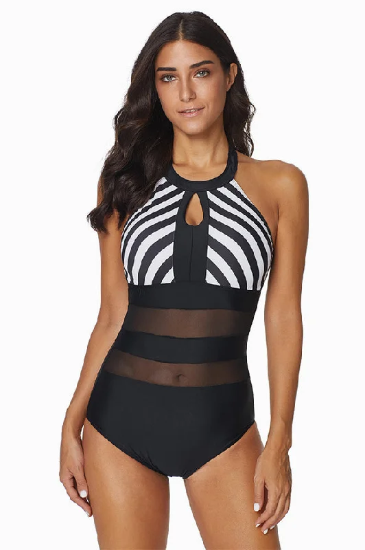 Halter Stripes High Neck One Piece Swimsuit Crisscross Back Swimsuit