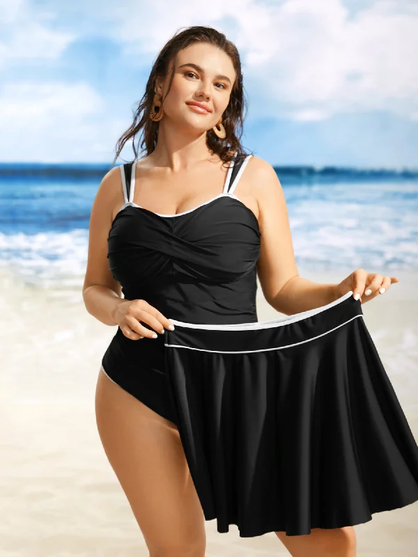 Heart Neckline Contrast Trim Two Piece Set Swim Dress Crisscross Back Swimsuit