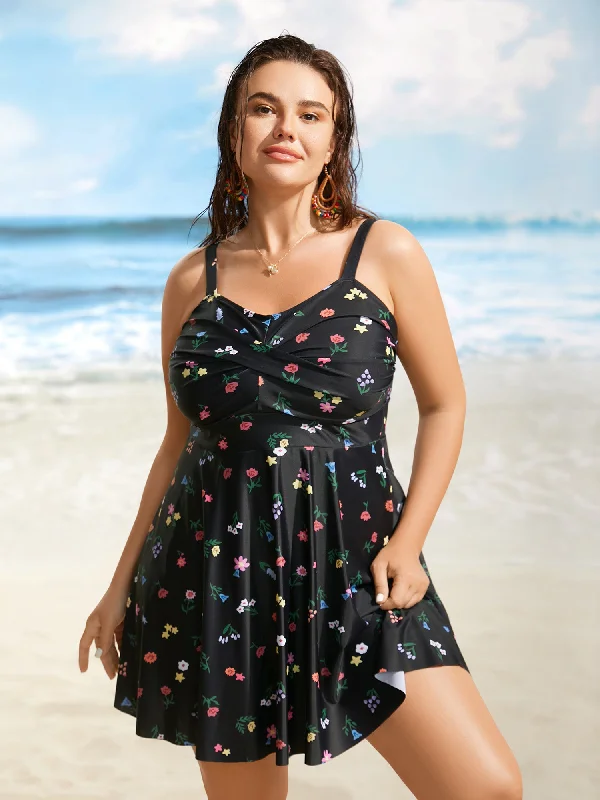 Heart Neckline Floral Twist Front Swim Dress Fun Pattern Swimsuit