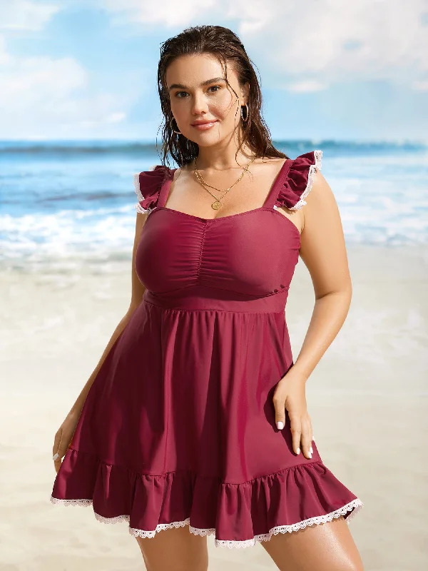 Heart Neckline Gathered Patchwork Lace Trim Swim Dress Plunge Neckline Swimsuit