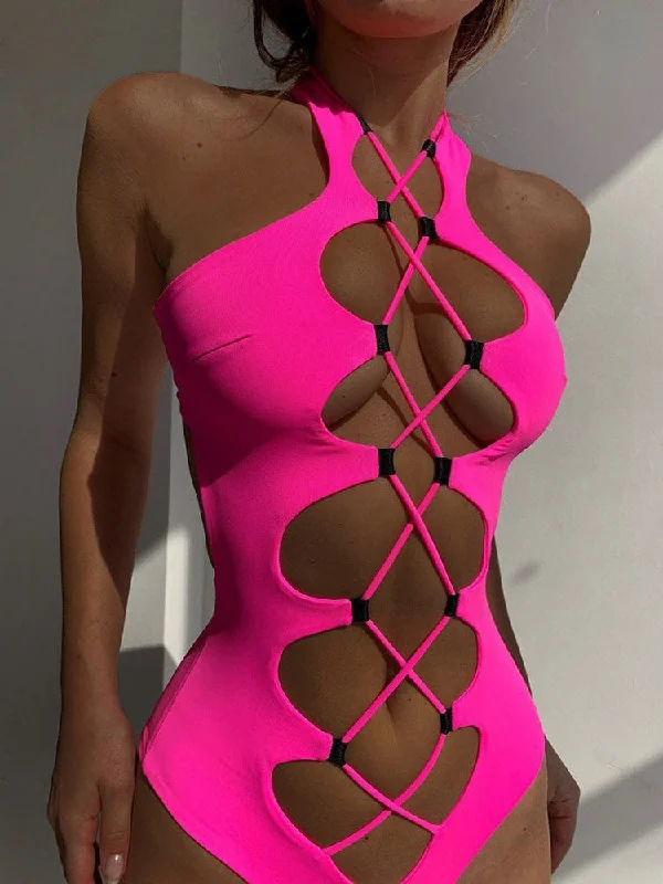 Hollow Out Lace up Swimwear Women 2022 High Neck Solid Cut Out Backless Monokini Adjustable Bikini Bottoms