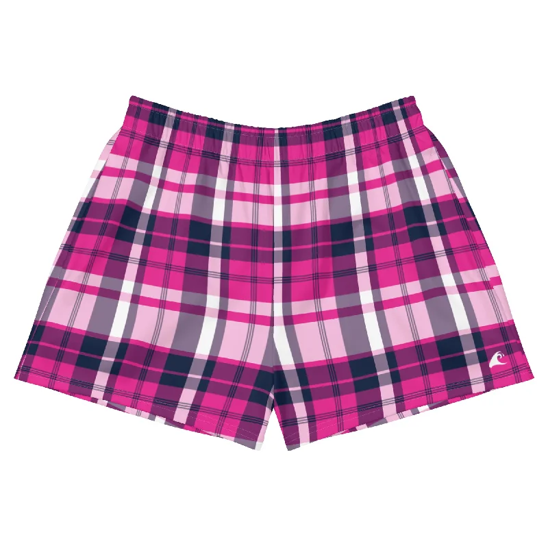 Hot Pink and Navy Blue Preppy Plaid Women's Athletic Swim Shorts Monokini Swimsuit Design