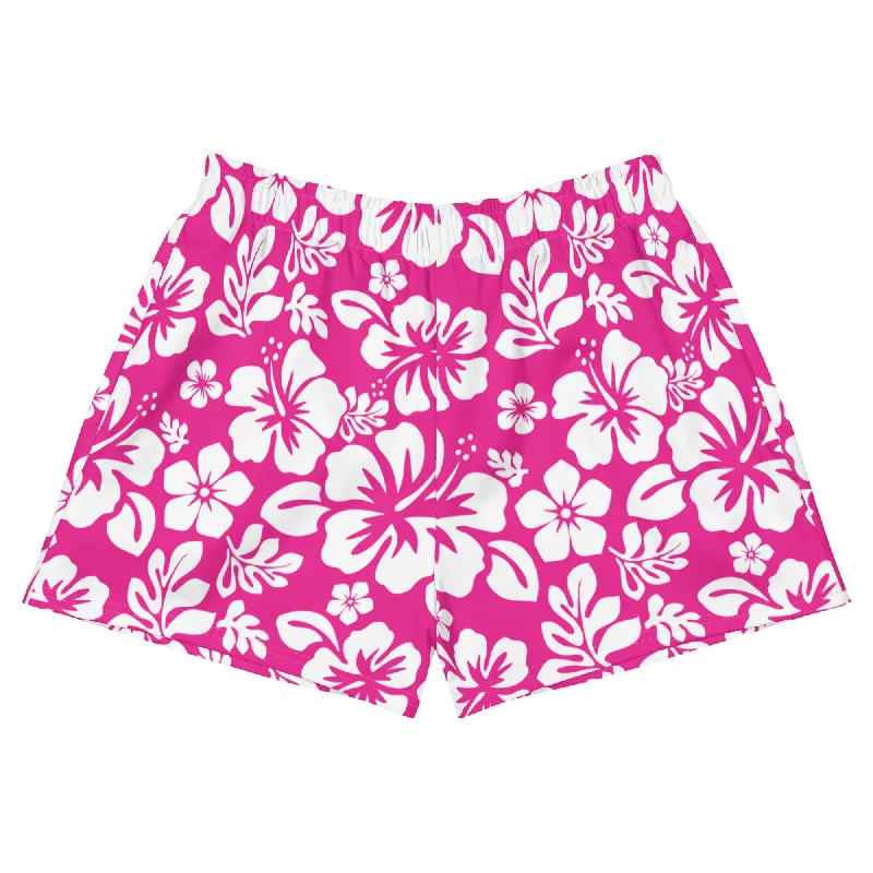 Hot Pink and White Hawaiian Flowers Women's Athletic Swim Shorts Strappy Back Bikini